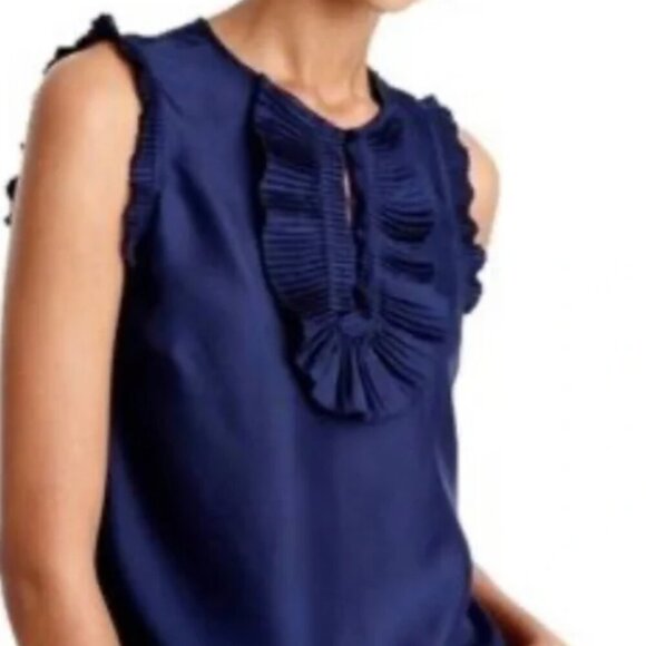 J. Crew TALL Navy Blue Silk Sleeveless Ruffle Blouse Top - Picture 3 of 5